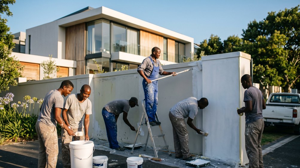 Professional team painting a boundary wall at a modern home in Plumstead