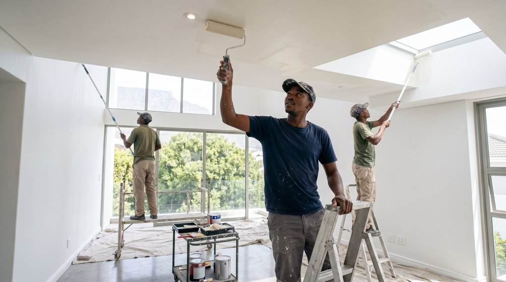 Professional ceiling painters rolling white paint onto a high ceiling in Plumstead