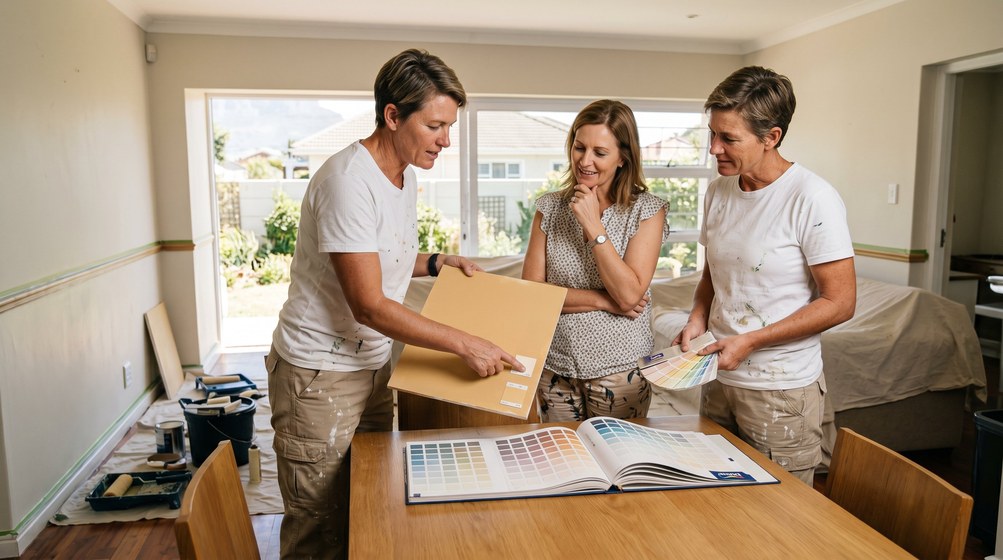 Professional colour consultant showing paint swatches to a homeowner in Plumstead