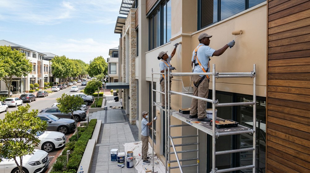 Professional commercial painters on scaffolding painting a building in Plumstead