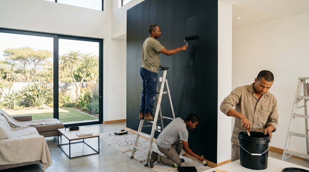 Professional painters creating a bold black feature wall in a modern Plumstead home