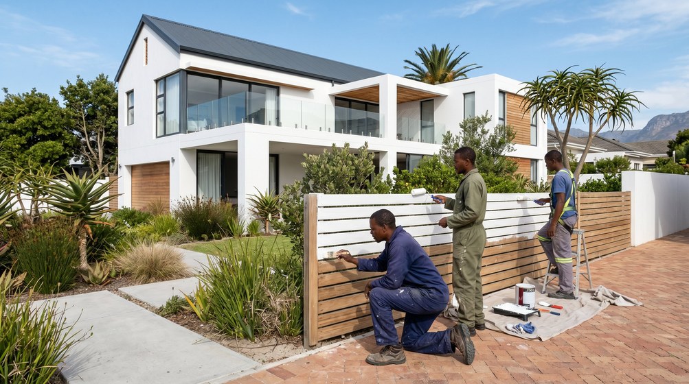 Professional fence painters painting a wooden fence at a Plumstead home in Plumstead