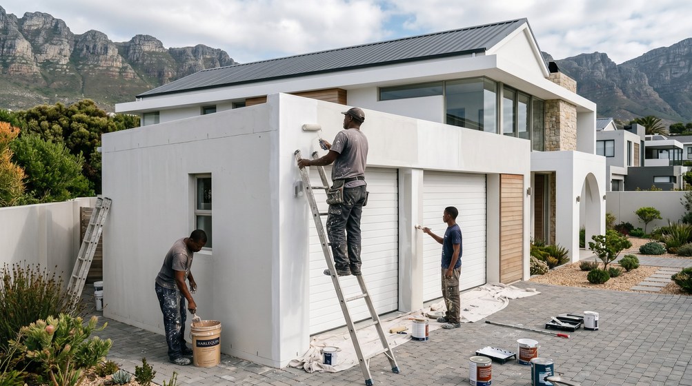 Professional painters painting a double garage exterior and garage doors in Plumstead