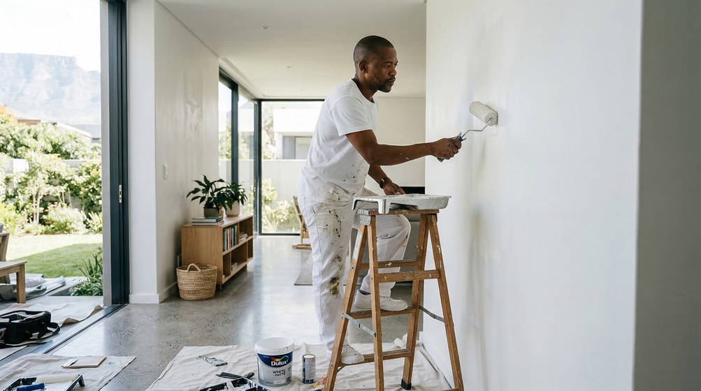 Professional interior painter in Plumstead painting walls with a roller