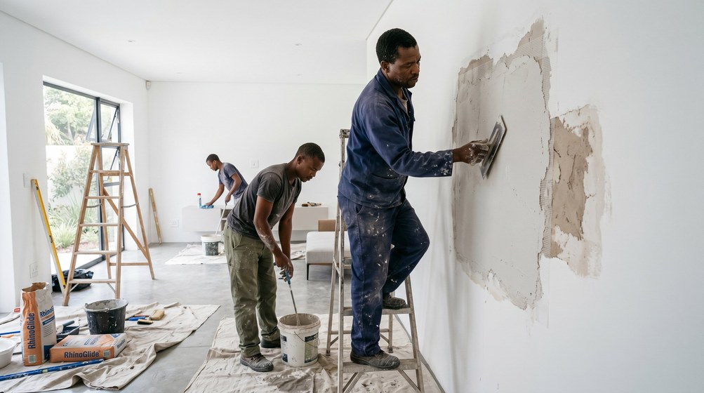 Professional plaster repair team skim coating damaged walls in Plumstead