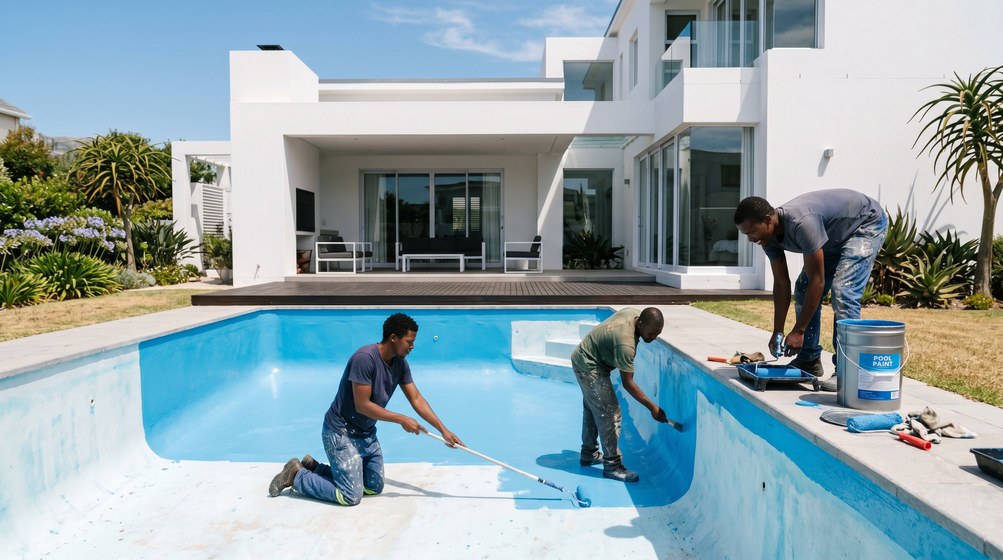 Professional pool painters applying blue pool paint to a swimming pool in Plumstead