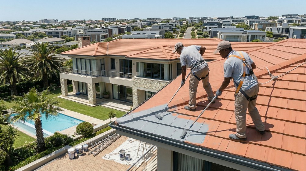 Professional roof painters applying waterproof coating to tiled roof in Plumstead