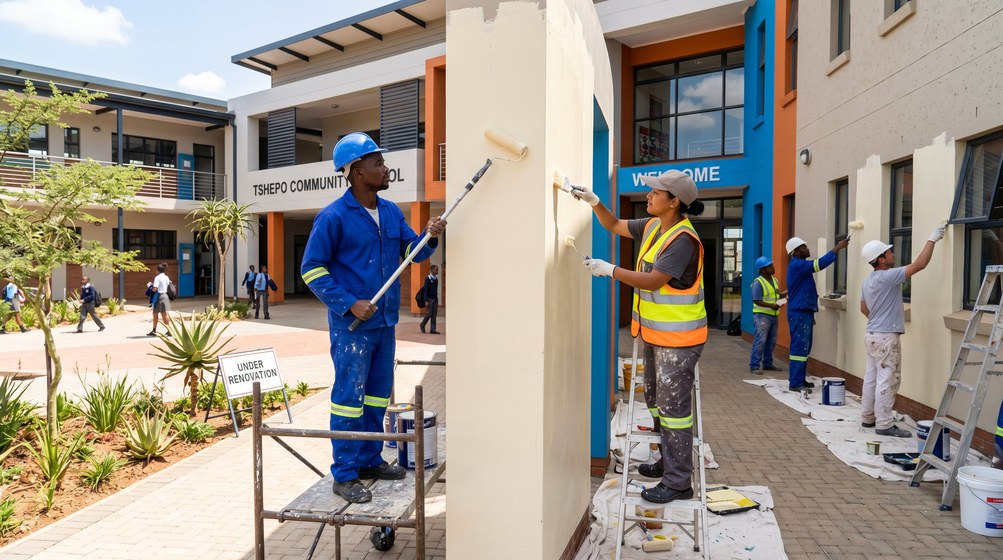 Professional school painting team painting a community school in Plumstead