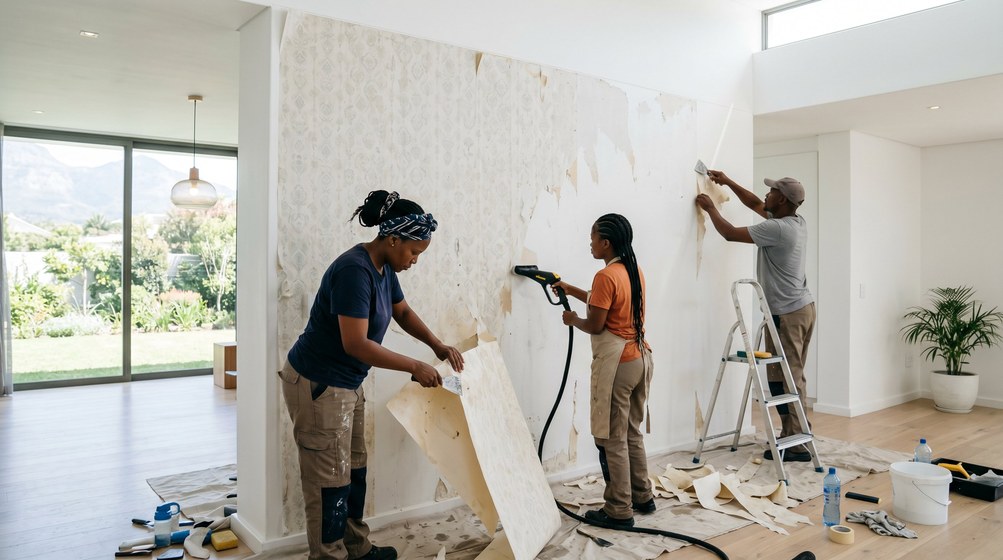 Professional wallpaper removal team stripping old wallpaper in a Plumstead home