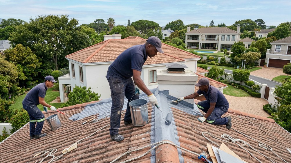Professional waterproofing team applying membrane to roof in Plumstead