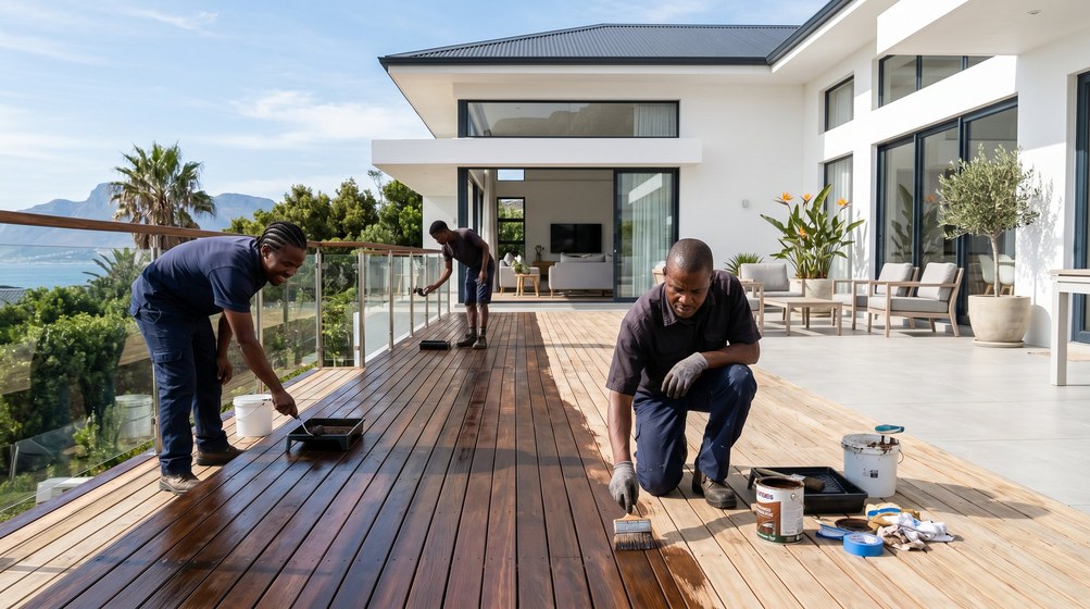 Professional wood staining team applying deck stain on a home in Plumstead